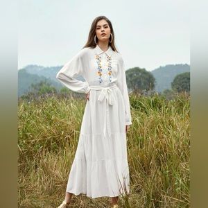 *brand new* White midi long sleeve floral embroidered shirt dress size XL